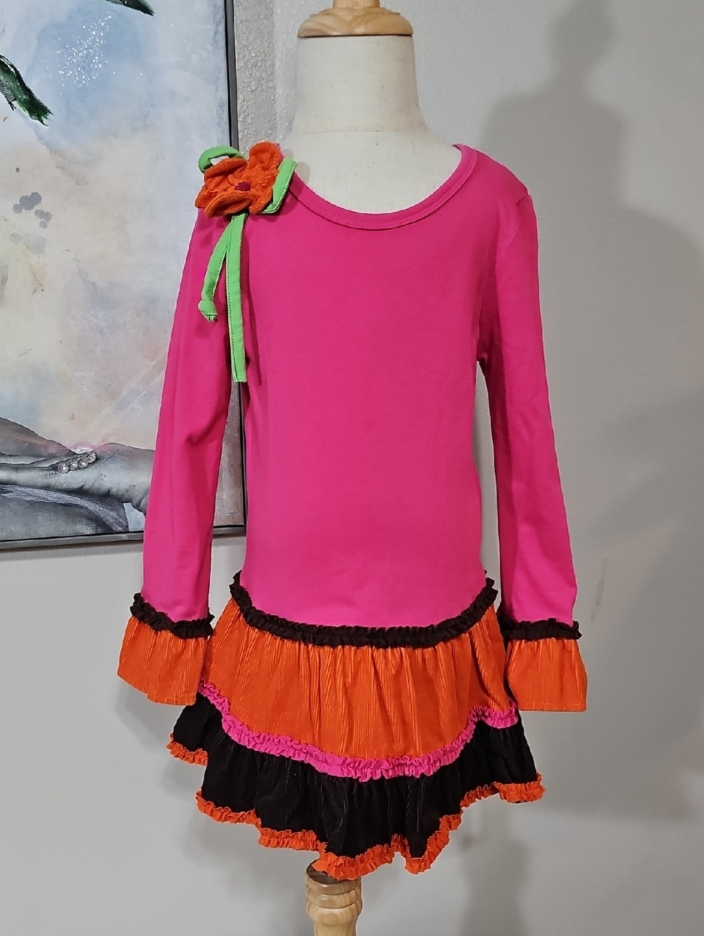 🌸 Pink & Orange Tiered Ruffle Dress with Flower Size 5 EUC